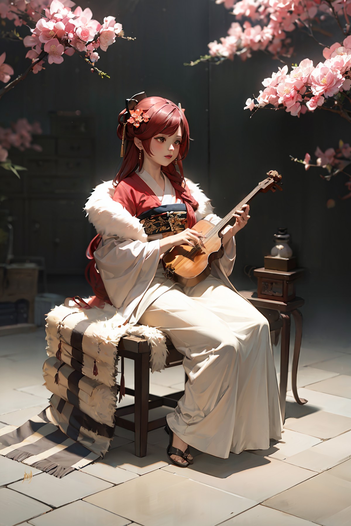 masterpiece, best quality, <lora:hanfu:1>,hanfukozue, 1girl, long hair, hair ornament, solo, instrument, brown hair, sitti...